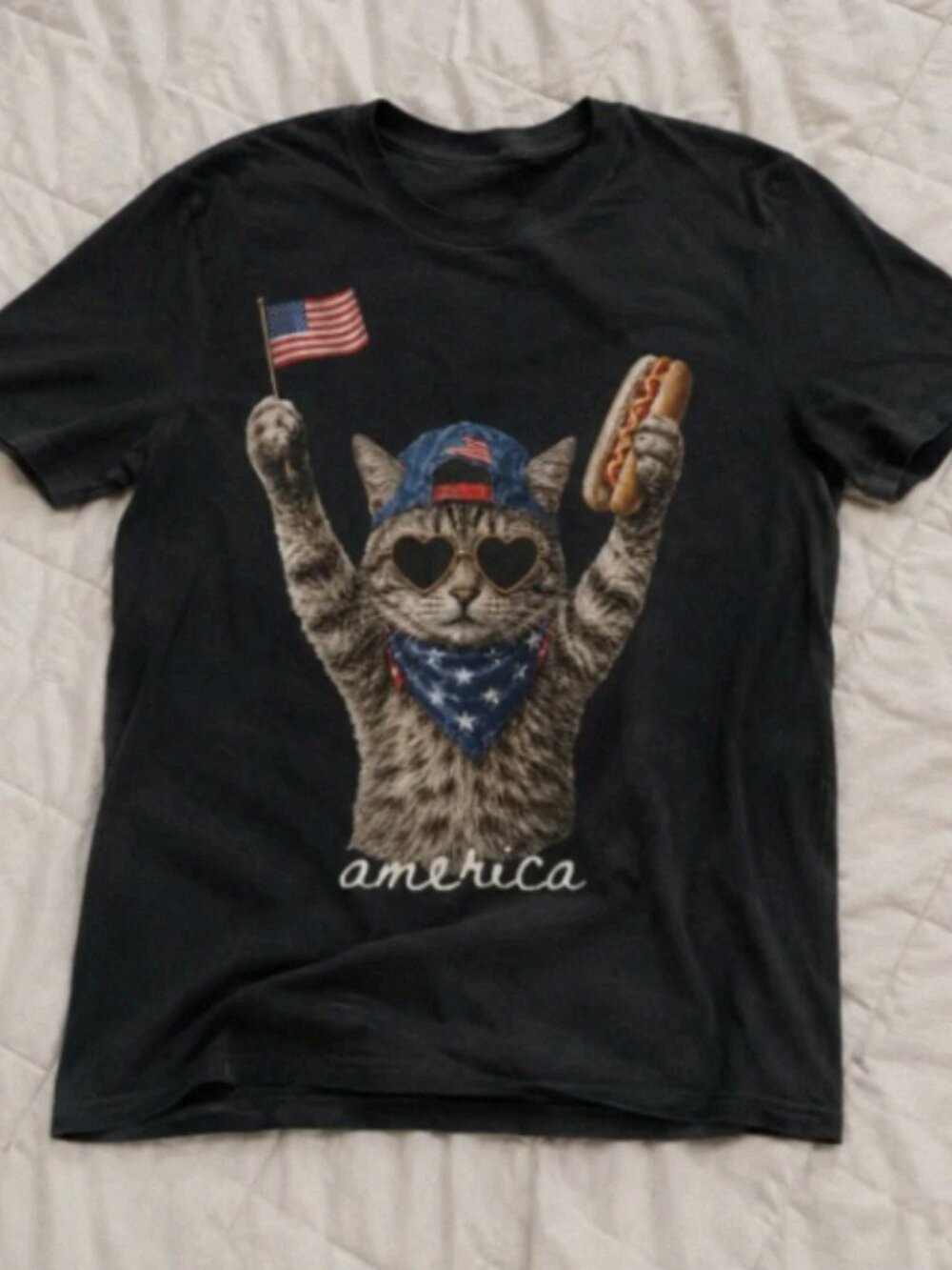 Humorous patriotic-style T-shirt featuring a cat and a sausage